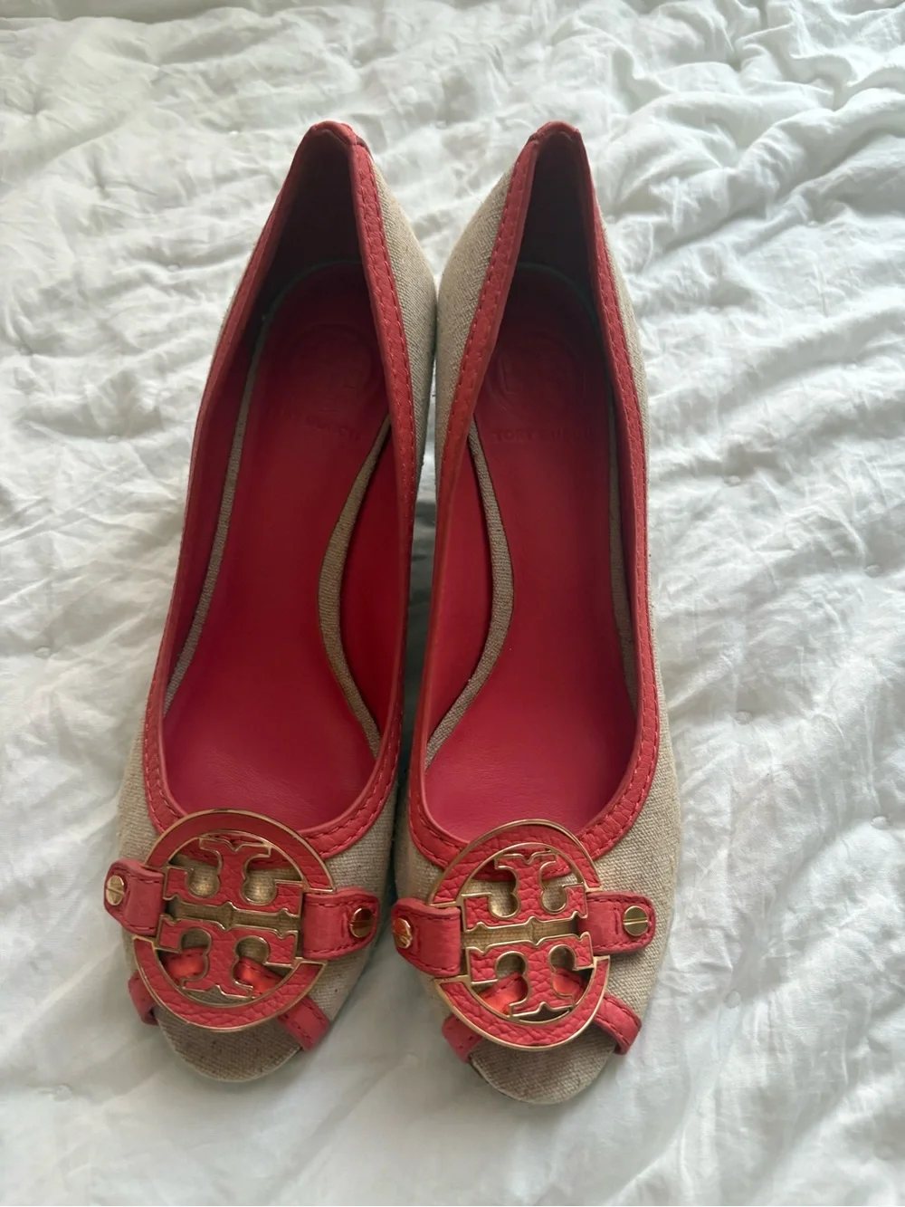 Tory Burch Beige Canvas Heels with Coral Trim & Gold Logo